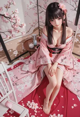 Graceful Beauty in Pink Sakura Kimono