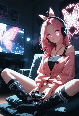 Pink Haired Gamer Girl in Neon Room