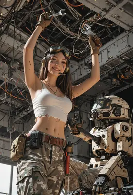 Skilled Mechanic Repairing Her Robot Companion