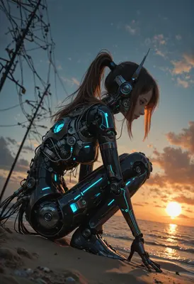 Cyborg Girl at Sunset Beach