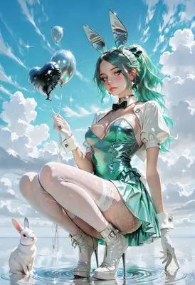 Mint Bunny Girl with Floating Balloons