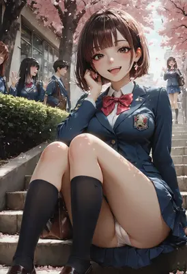Cheerful Schoolgirl Amidst Cherry Blossoms