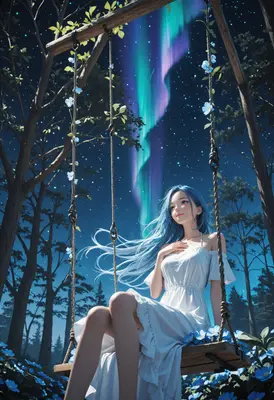 Blue Haired Girl on Forest Swing