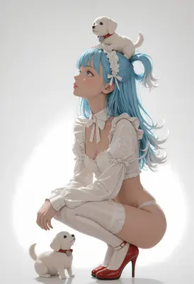 Blue Haired Girl With Puppies