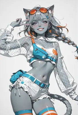 Cheerful Grey Cat Girl Street Style