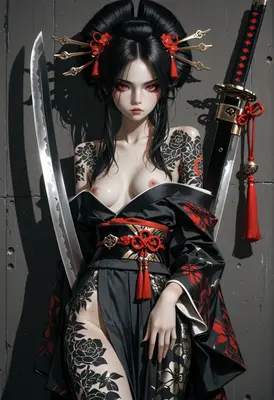 Tattooed Samurai with Crimson Blades