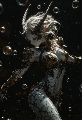 Ethereal Horned Maiden Amidst Bubbles
