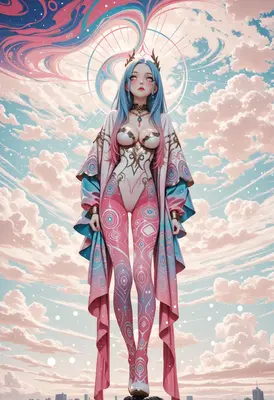 Celestial Goddess in Pastel Clouds