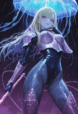 Bioluminescent Jellyfish Knight in Rain