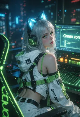 Cyberpunk Gamer Girl in Green Zone