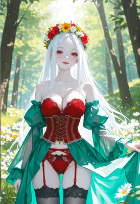 White Haired Maiden in Floral Forest