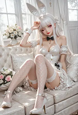 Elegant White Bunny Girl on Sofa