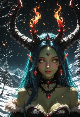 Fiery Horned Demon in Winter Landscape