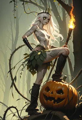 Forest Witch with Glowing Pumpkin Torch