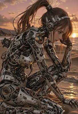 Cyborg Girl Contemplating at Sunset