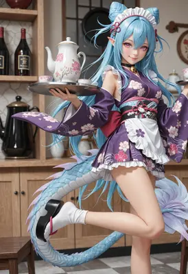 Blue Haired Dragon Maid Serving Tea