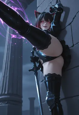 Cat Girl Warrior Kicking with Magic