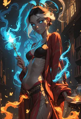 Sorceress Casting Spells in Library