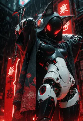 Cybernetic Ronin in Neon Rain