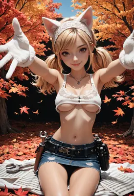 Cat Girl Welcoming in Autumn Leaves