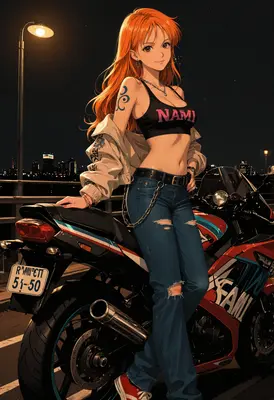 Nami Posing with Her Sport Bike
