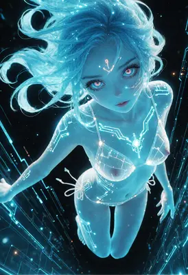 Neon Cybernetic Maiden in Digital Void