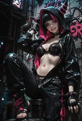 Cyberpunk Demon Girl in Neon Alley