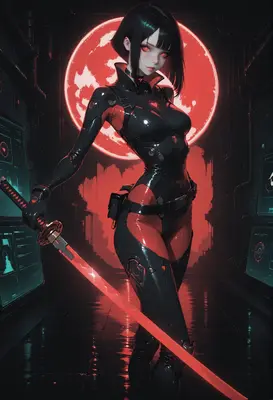 Cybernetic Warrior Under the Red Moon