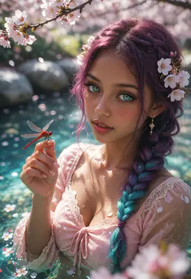 Girl with Dragonfly Amidst Cherry Blossoms