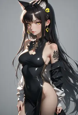Cat Girl in Sleek Black Cheongsam