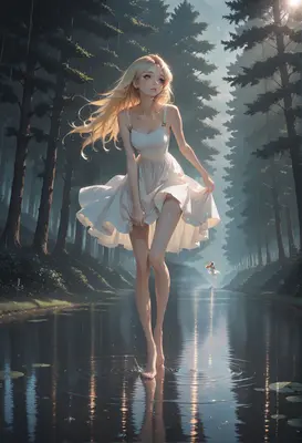 Blonde Maiden Walking Through Forest Stream