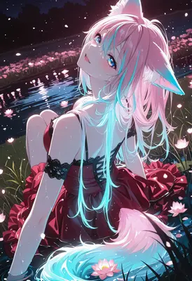 Fox Girl by the Lotus Pond