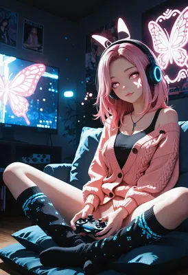 Pink Haired Gamer Girl in Neon Room