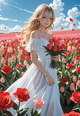 Blonde Girl Holding Tulips in Field