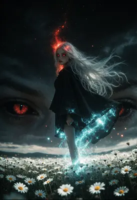 Girl with Glowing Eyes in Field