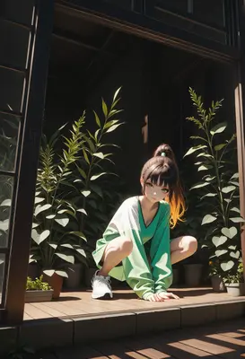 Girl Crouching on a Sunny Porch