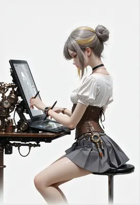 Steampunk Artist Working on Digital Tablet