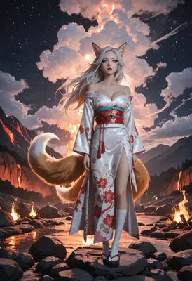 Kitsune Maiden Beneath The Volcanic Sky