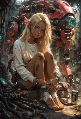 Elven Scavenger Beside Her Rusty Mech