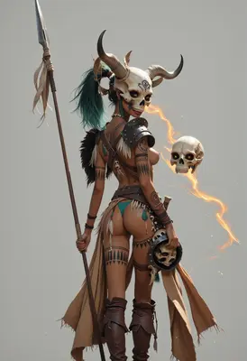 Tribal Necromancer with Horned Skull Mask