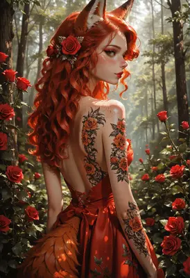 Red Fox Girl in Rose Garden