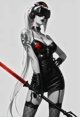 Cybernetic Nurse Warrior in Monochrome