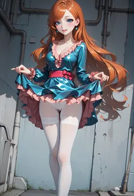 Ginger Girl in Shiny Blue Dress