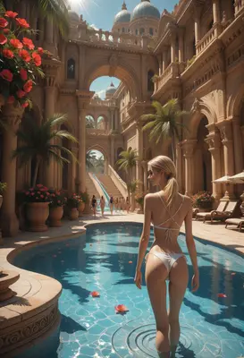 Sunlit Poolside Retreat in Ancient Architecture