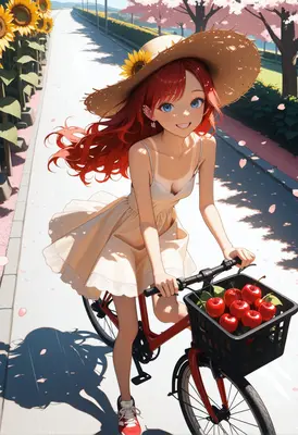 Summer Girl Cycling With Fresh Cherries