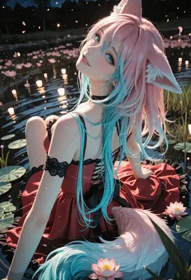 Fox Girl in a Lotus Pond