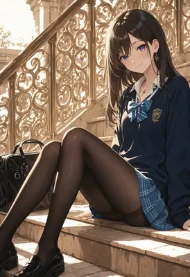Schoolgirl Resting on Ornate Stairs