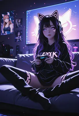 Neon Gamer Girl in Cozy Room