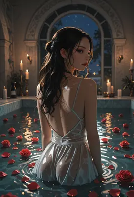 Evening Bath with Scattered Red Roses