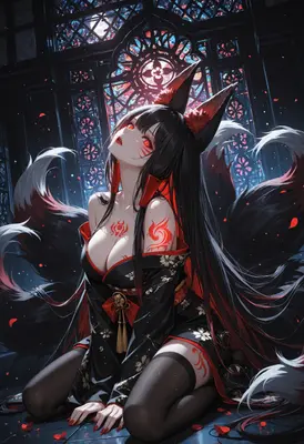 Gothic Kitsune in Stained Glass Sanctuary